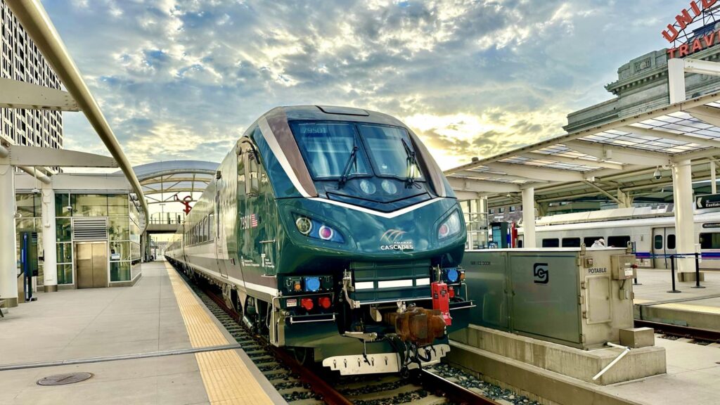 Amtrak Cascades Airo train at Denver Union Station.