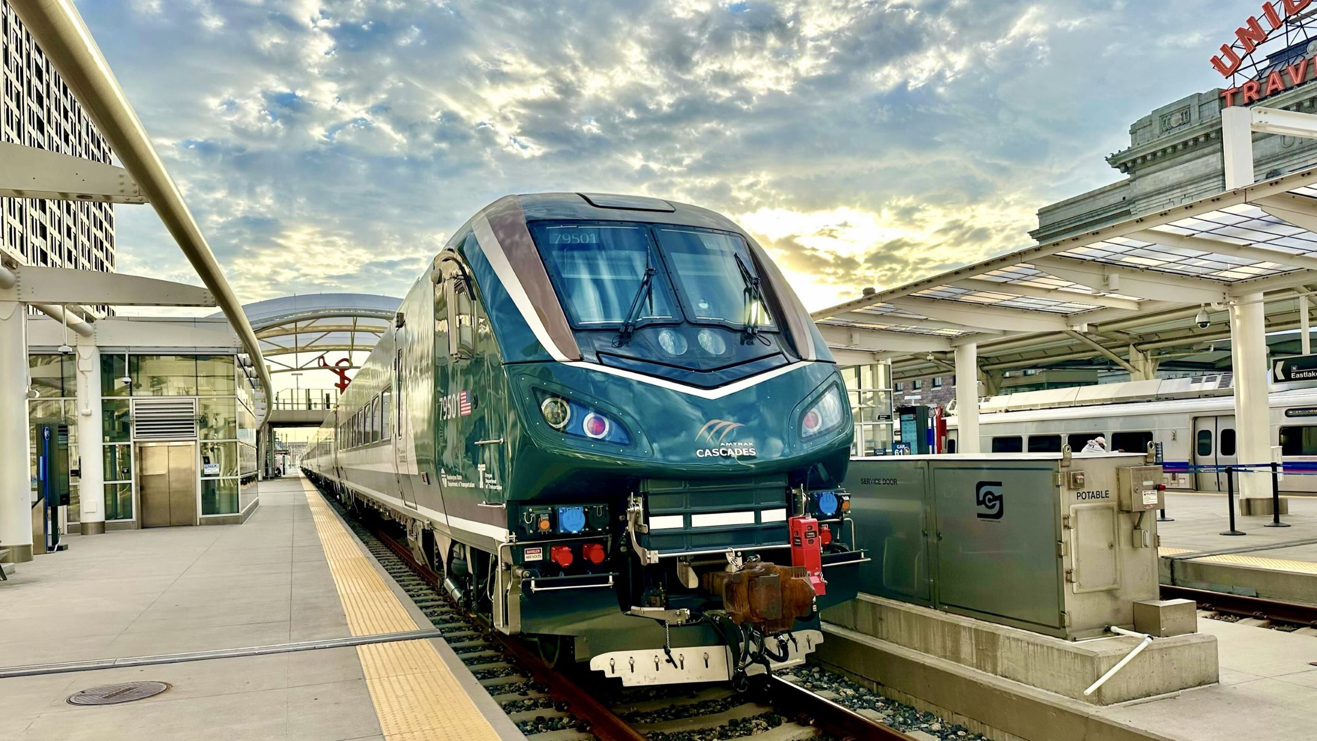 Amtrak Cascades Airo train at Denver Union Station.